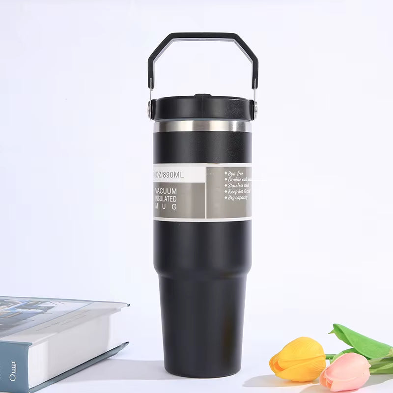 Portable Car Cup Stainless Steel Thermos Cup with Straw & Handle Double Walled Travel Sports Water Bottle Coffee Vacuum Flask