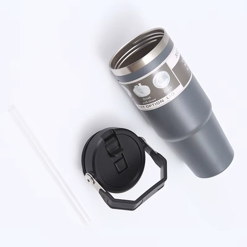 Portable Car Cup Stainless Steel Thermos Cup with Straw & Handle Double Walled Travel Sports Water Bottle Coffee Vacuum Flask